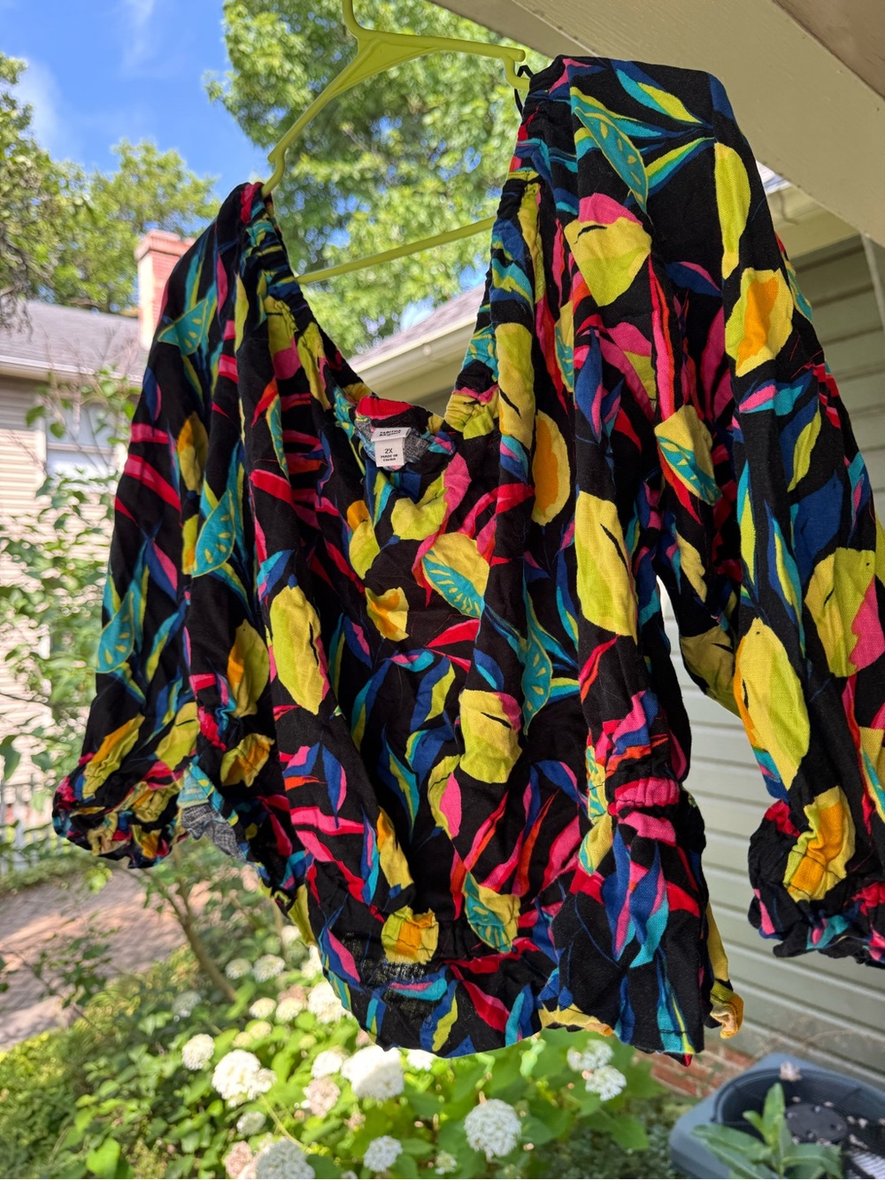 Black Multicolor Leaf-Print Peasant Blouse